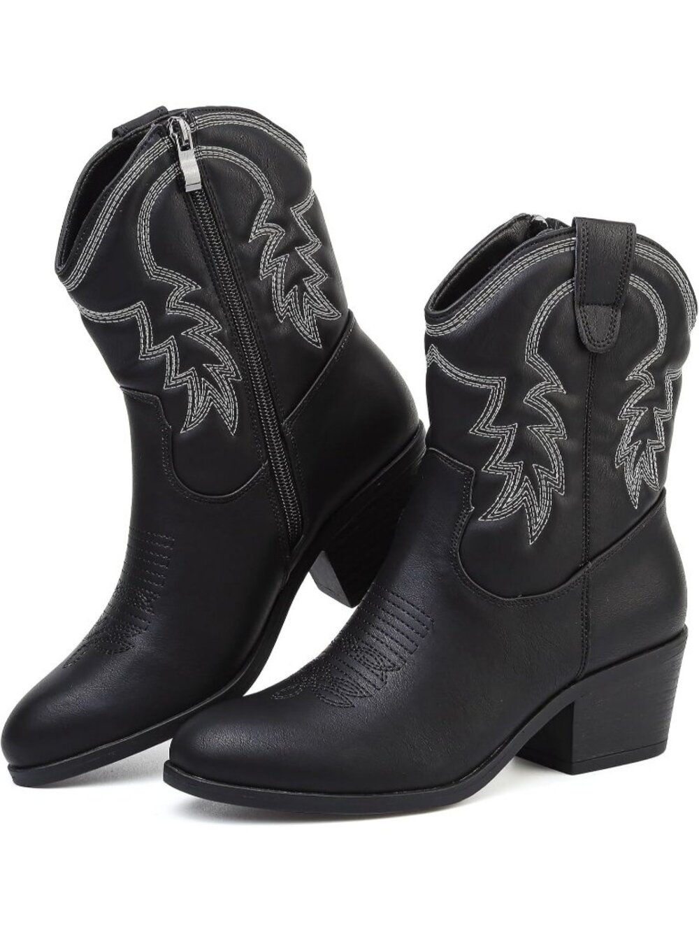 Women’s Black Cowboy Boots Western Stitching Side Zip Block Heel Boots